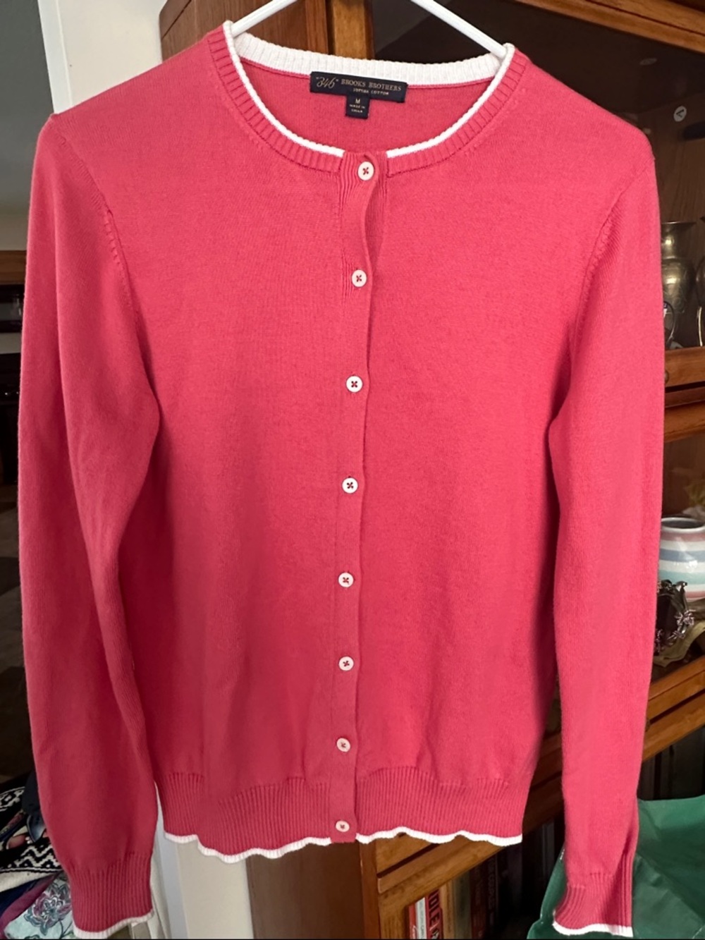 Brooks Brothers Women’s “346” Supima Cotton Pink Cardigan with White Trim